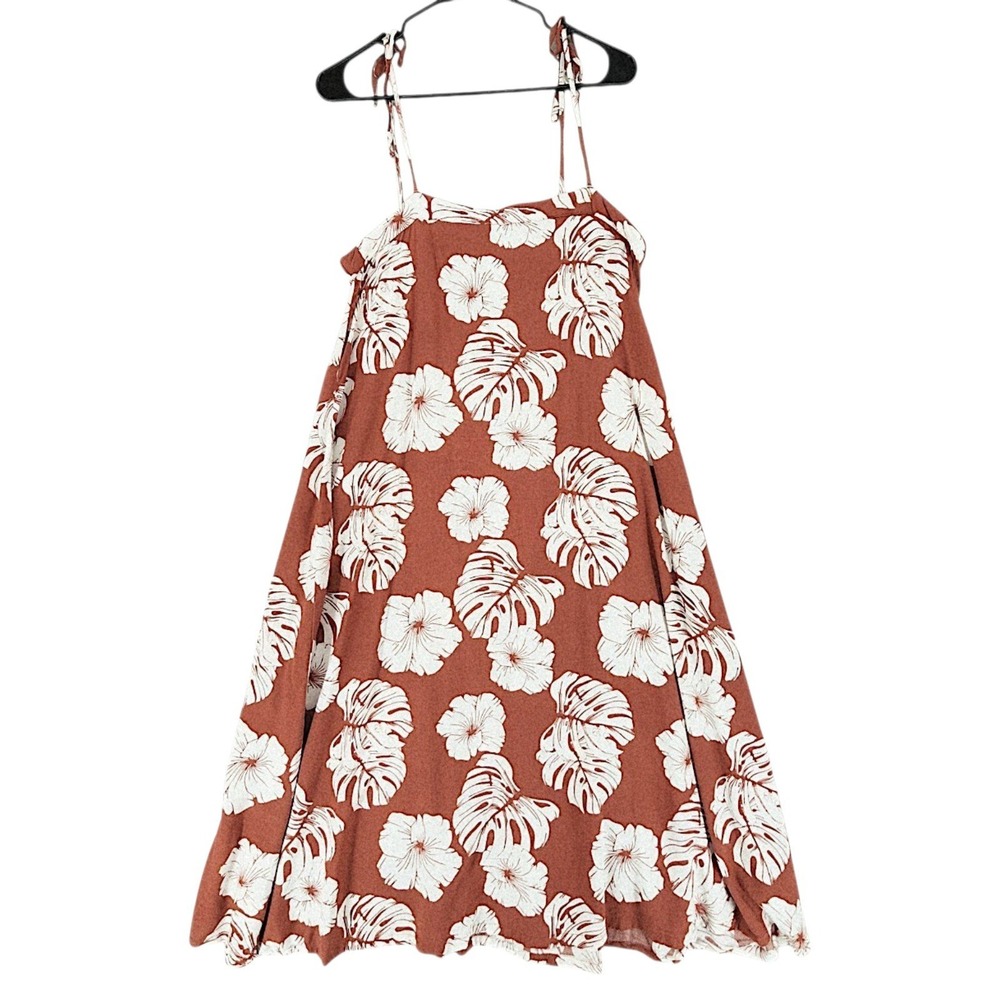 Roxy Hawaiian Maxi Dress L Tropical Hibiscus Rust Orange Monstera Floral Beach